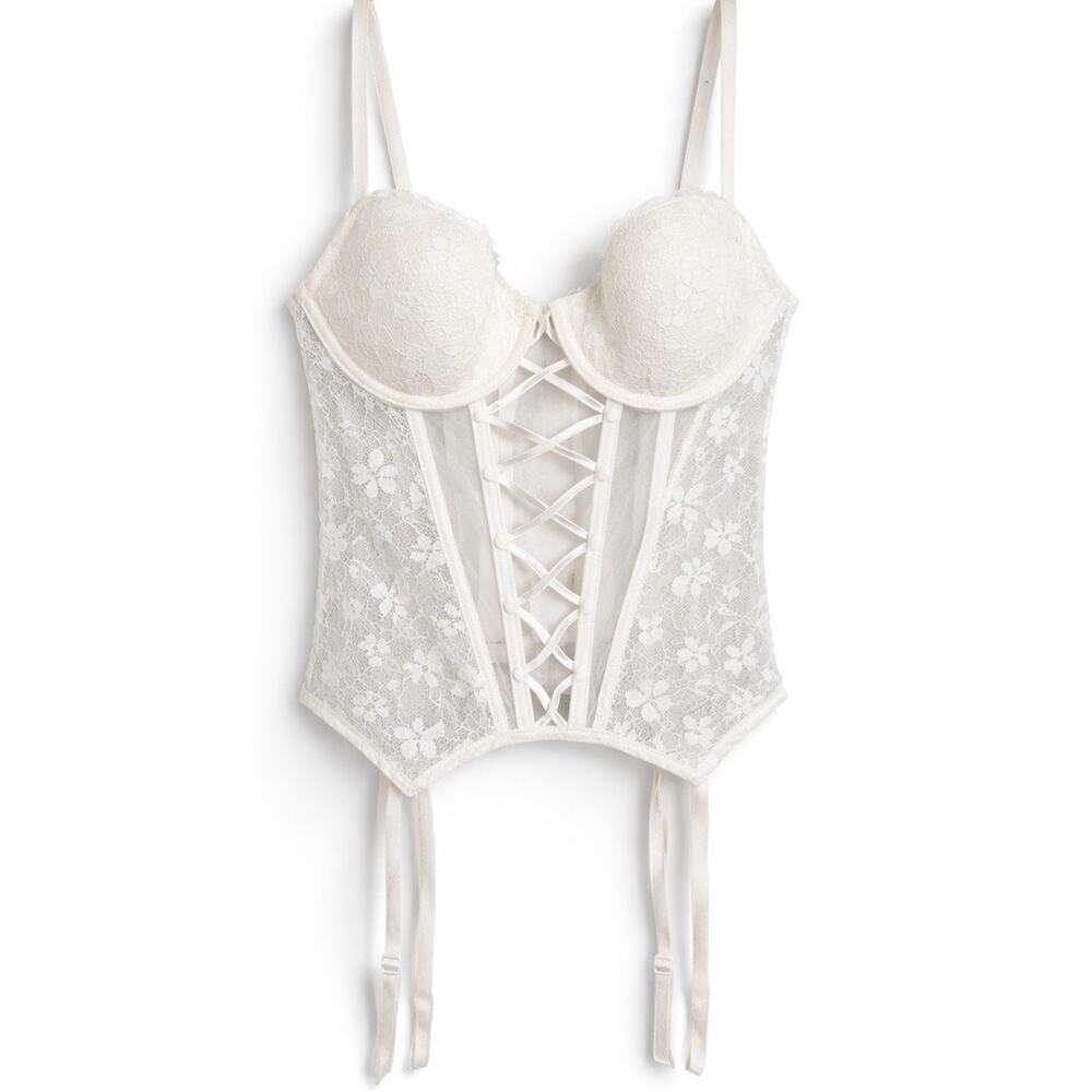 Victoria’s Secret White Lace Corset Bustier Lace-Up Front Garter Straps Size M
